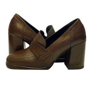 CAFENOIR WOMENS BROWN BLOCK HIGH HEEL LEATHER LOAFERS SZ 8.5 EUC